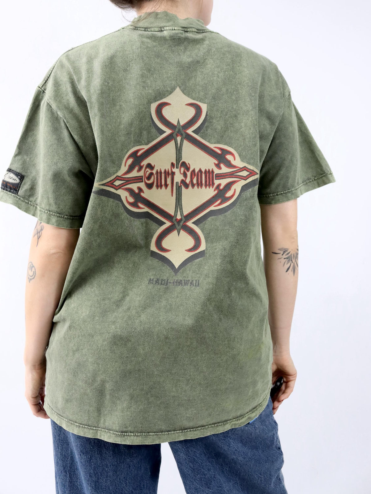 Vintage 80s 90s SURF TEAM T-Shirt short sleeve back print green used look M