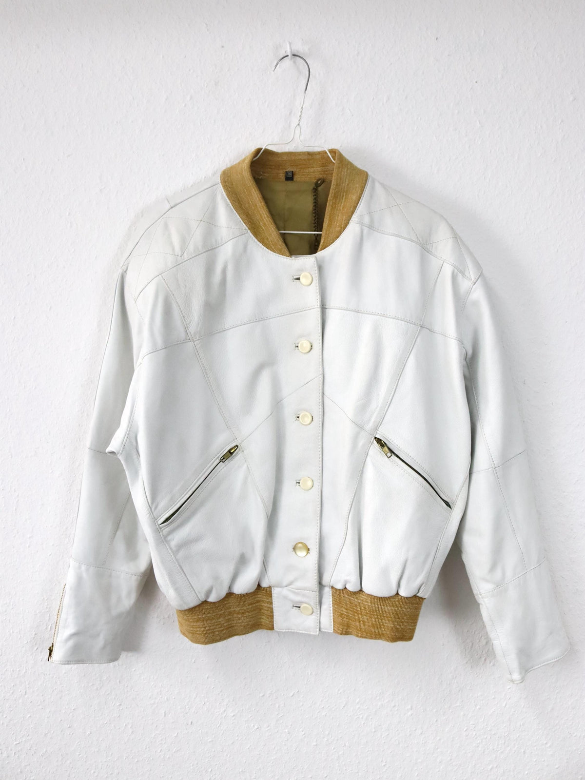 Vintage 80er 90er Lederjacke cremeweiß weiß Bomberjacke Schulterpolster 36