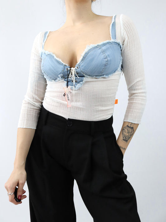 Vintage 90er 00er Y2k ESSENZA Bluse Top Denim weiß leicht transparent Deadstock M/L