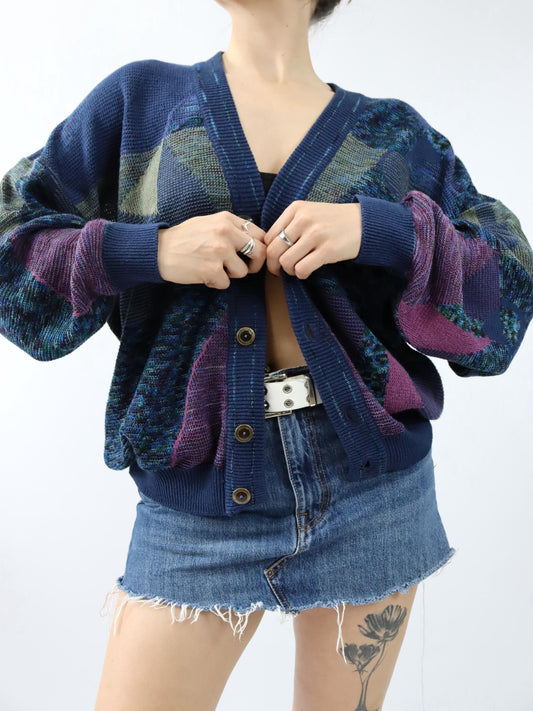 Vintage 80er 90er ENZO LORENZO Cardigan Strickjacke crazy pattern 50 M/L
