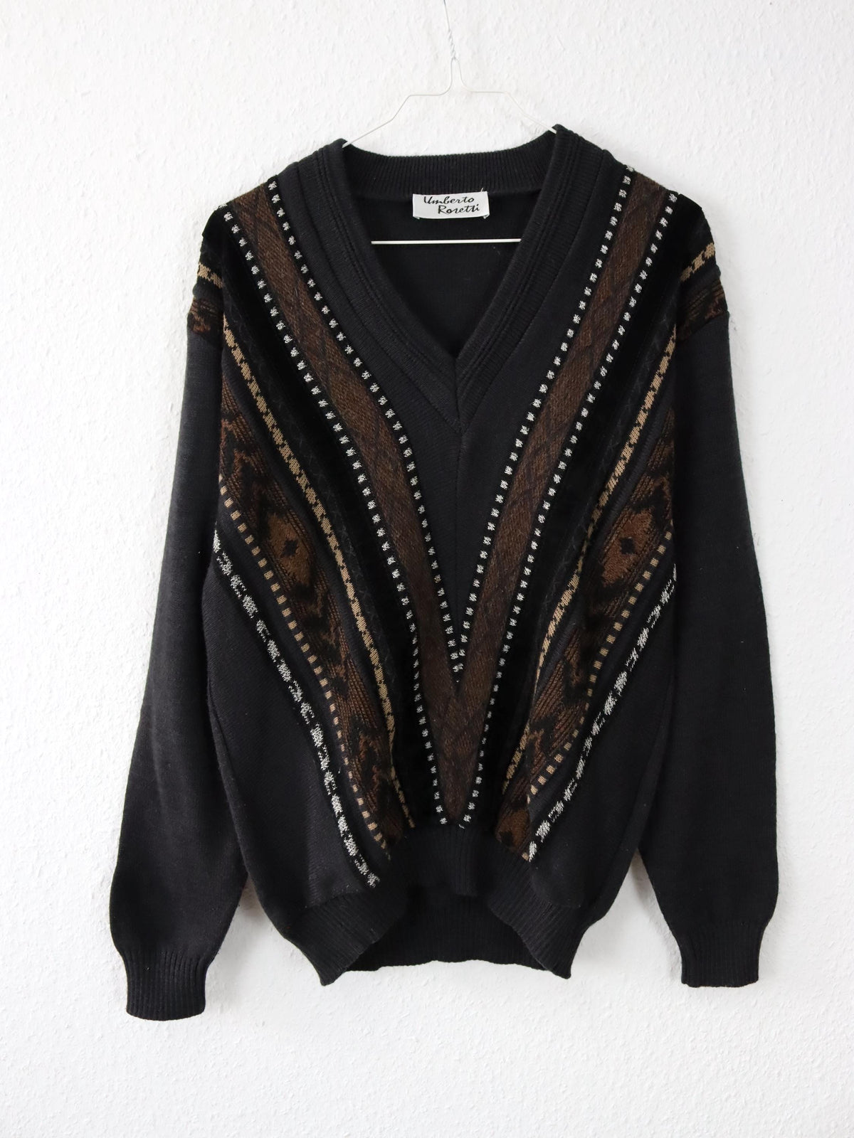 Vintage 80er 90er UMBERTO ROSETTI Wollpullover Pullover V-Ausschnitt Strick schwarz braun Samt 36
