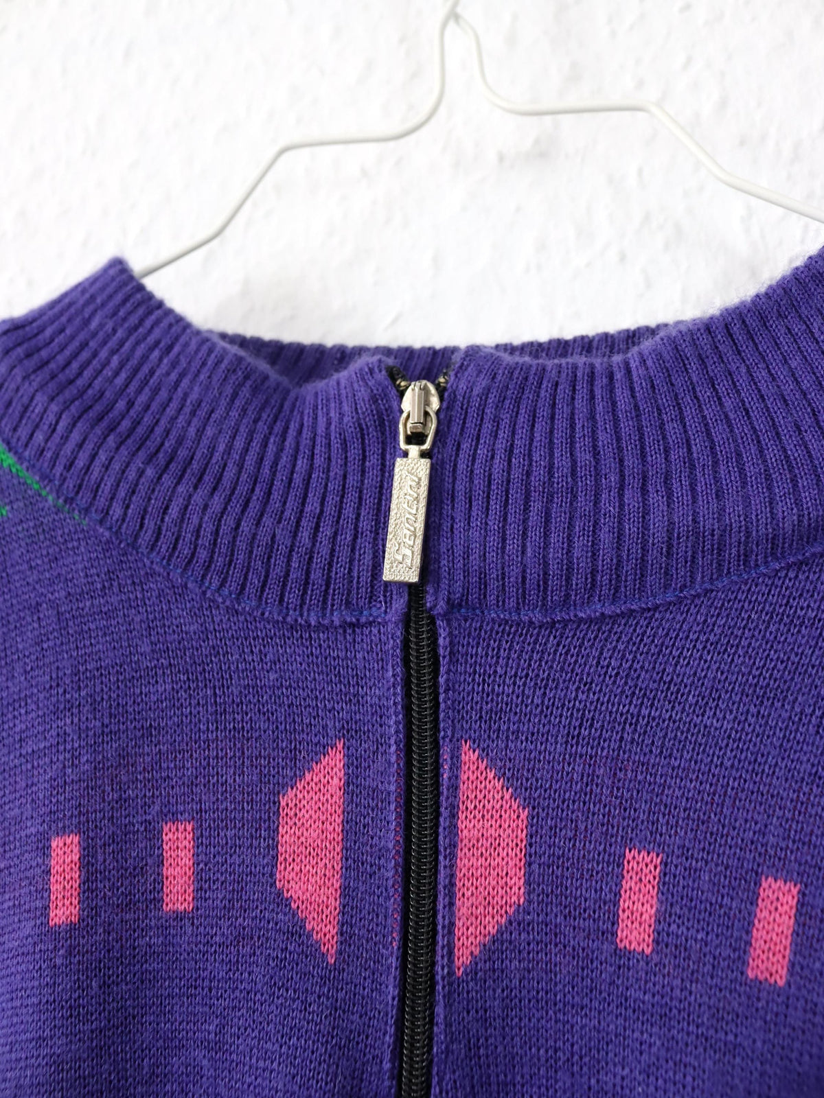 Vintage 80er 90er SANTINI Wollpullover Fahrradpullover crazy pattern Lila XXL