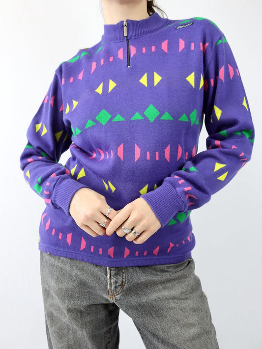 Vintage 80er 90er SANTINI Wollpullover Fahrradpullover crazy pattern Lila XXL