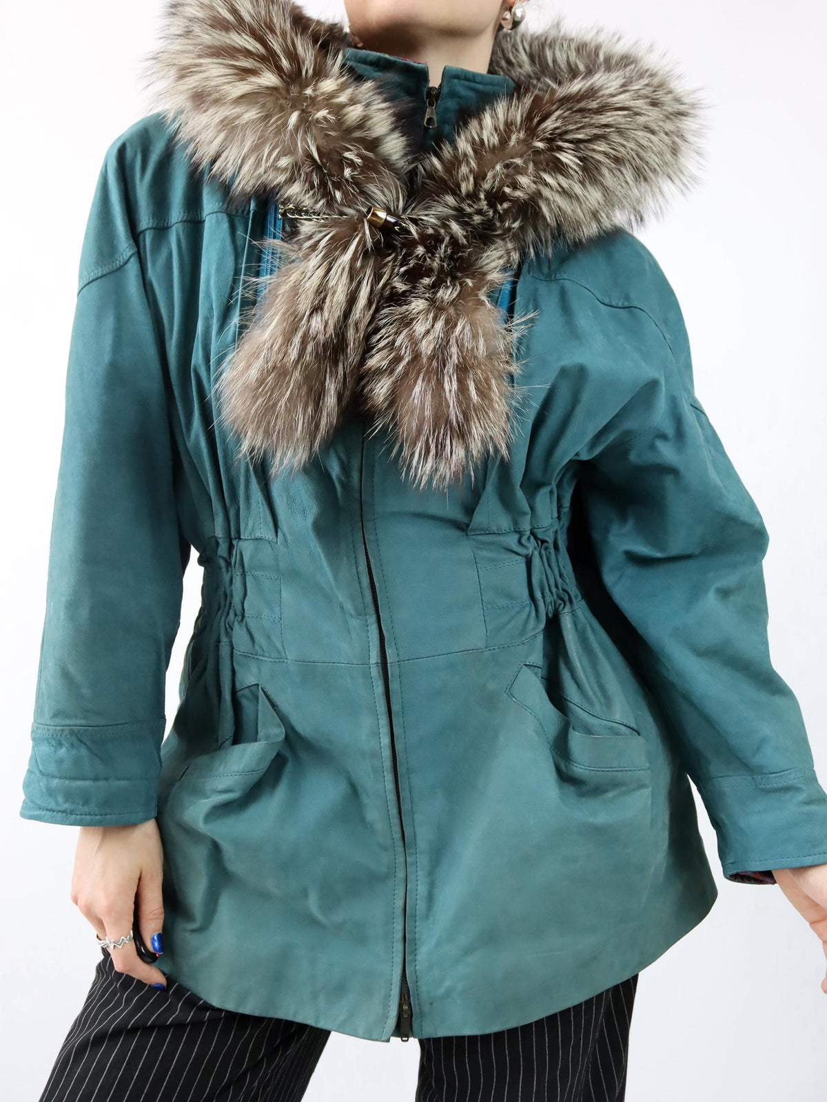 Vintage 80er 90er ALTA MODA Ledermantel Lederjacke Kapuze Pelzkragen türkis 42