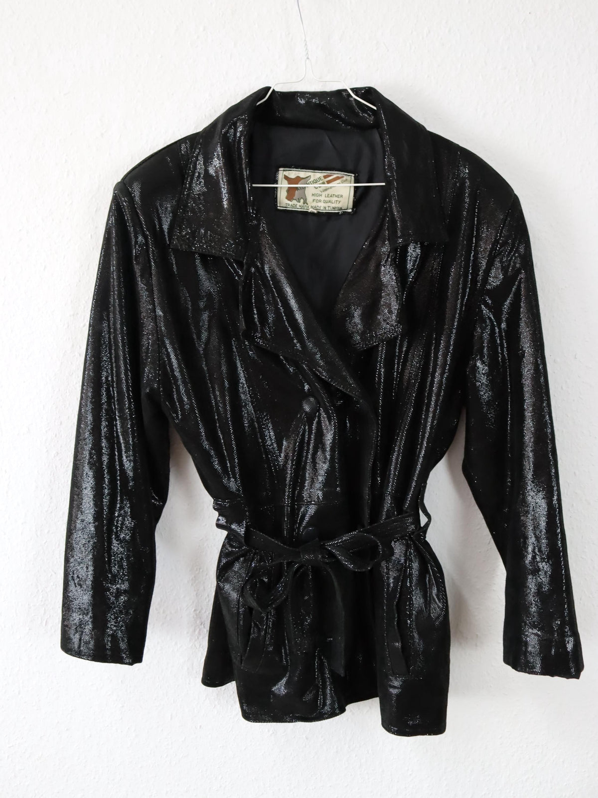 Vintage 80s 90s ATLANTIQUE CUIR Leather Jacket Glitter Black Double-Breasted Shoulder Pads 40
