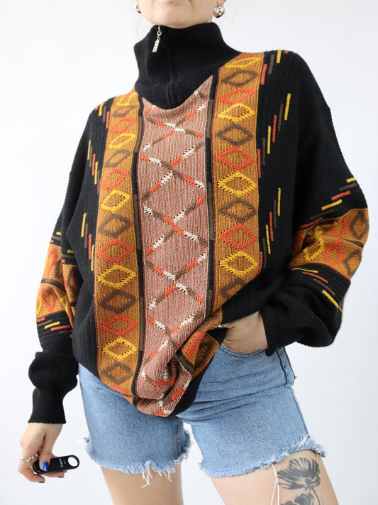 Vintage 90er 00er Wollpullover Pullover Wolle gemustert Stehkragen schwarz orange XXL