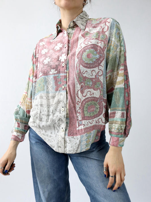 Vintage 80er 90er Bluse langarm crazy pattern Spitzkragen Made in Germany Viskose 38
