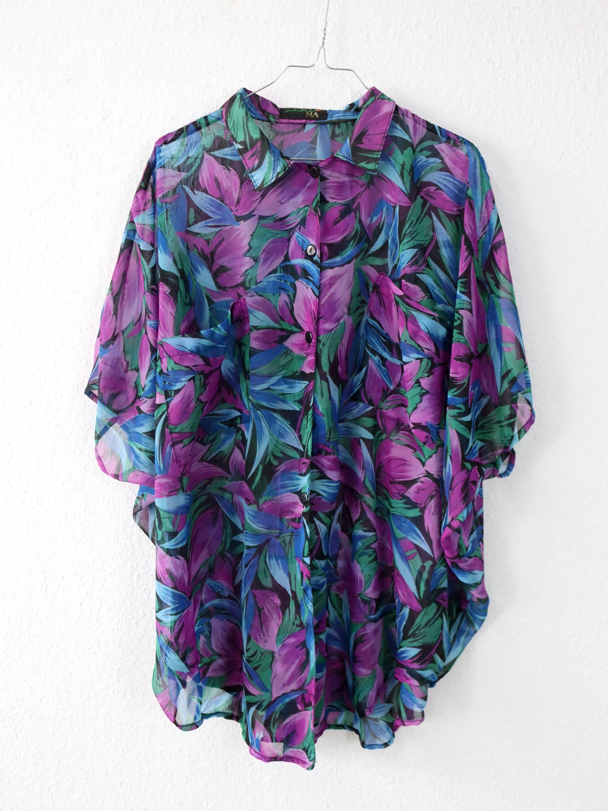 Vintage 80er 90er CAMA Bluse kurzarm leicht transparent Blumenmuster Fledermausärmel M-L