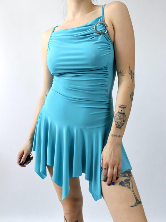 Vintage 00er Y2k KAIDAL PARIS Minikleid Raffung blau Coquette Fairycore Asymmetrisch M