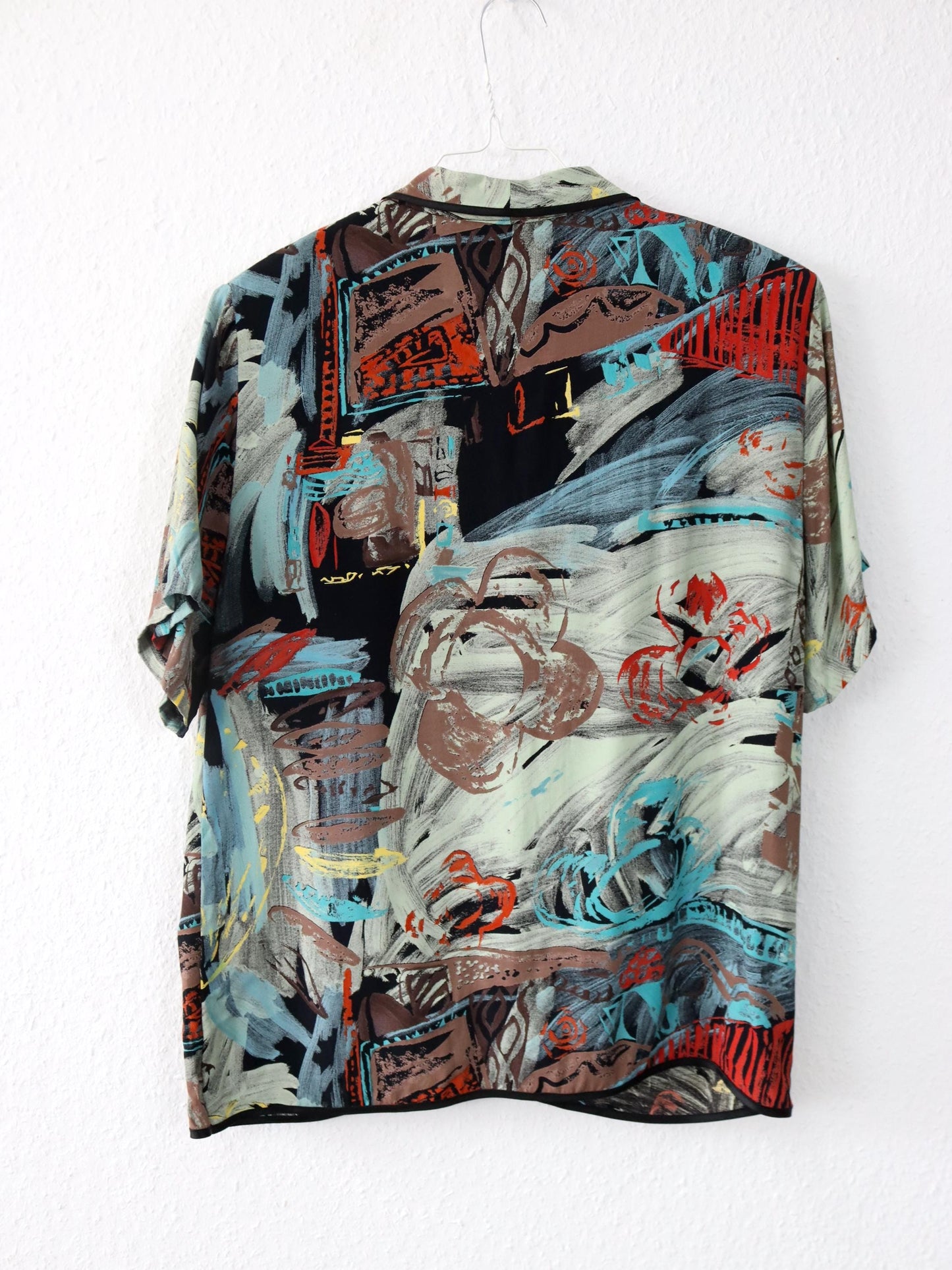 Vintage 80er 90er Bluse kurzarm crazy pattern Schulterpolster bunt L