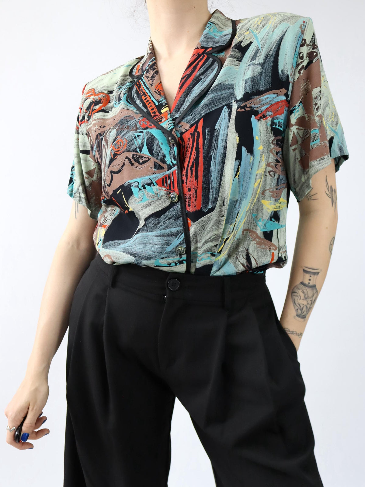 Vintage 80er 90er Bluse kurzarm crazy pattern Schulterpolster bunt L