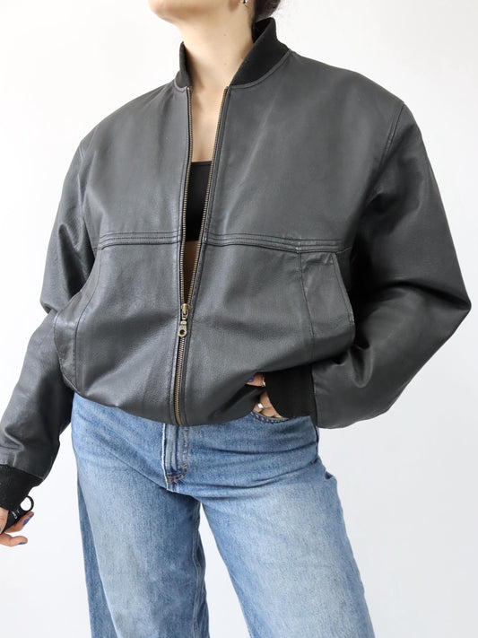 Vintage 80er 90er SHIELD Bomberjacke Lederjacke schwarz 52 L