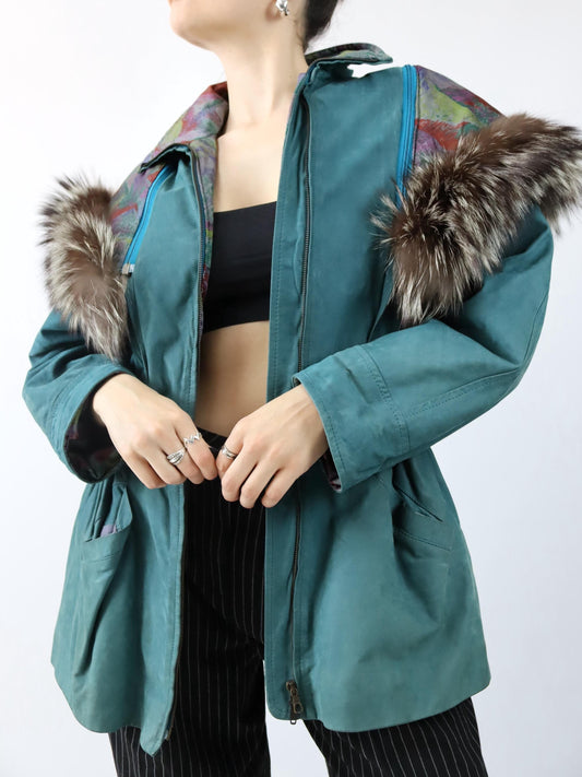 Vintage 80er 90er ALTA MODA Ledermantel Lederjacke Kapuze Pelzkragen türkis 42