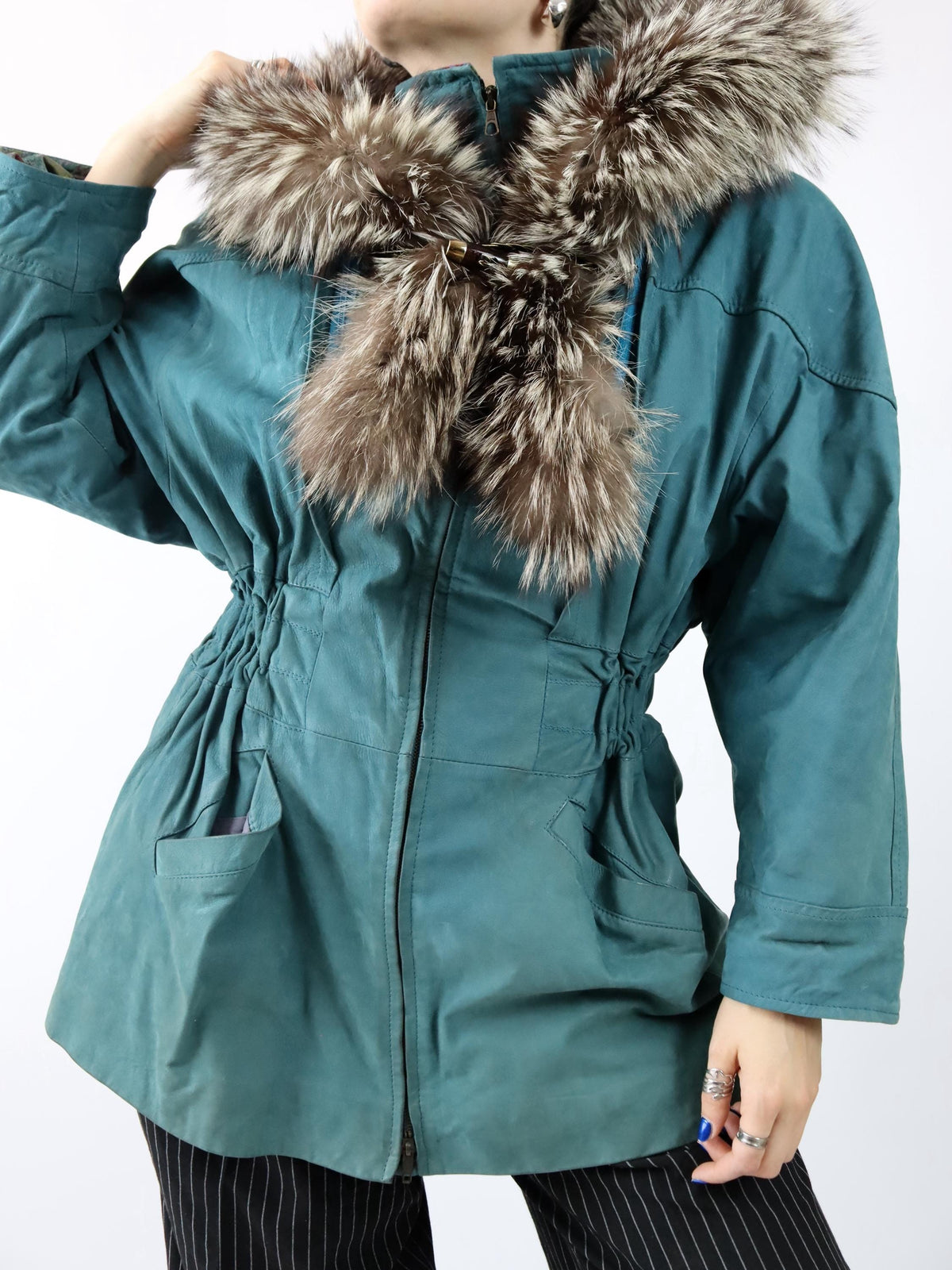 Vintage 80er 90er ALTA MODA Ledermantel Lederjacke Kapuze Pelzkragen türkis 42