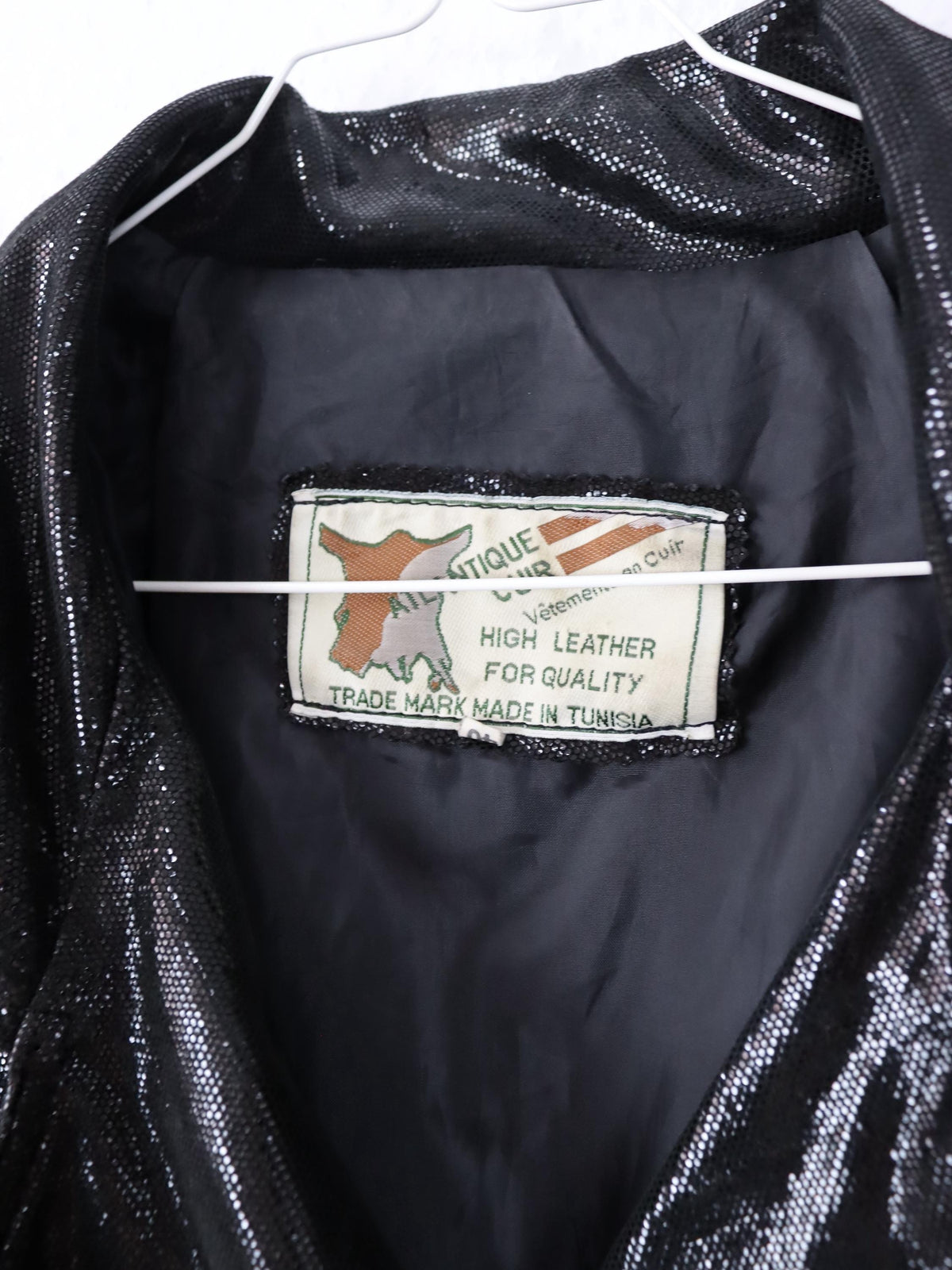 Vintage 80s 90s ATLANTIQUE CUIR Leather Jacket Glitter Black Double-Breasted Shoulder Pads 40