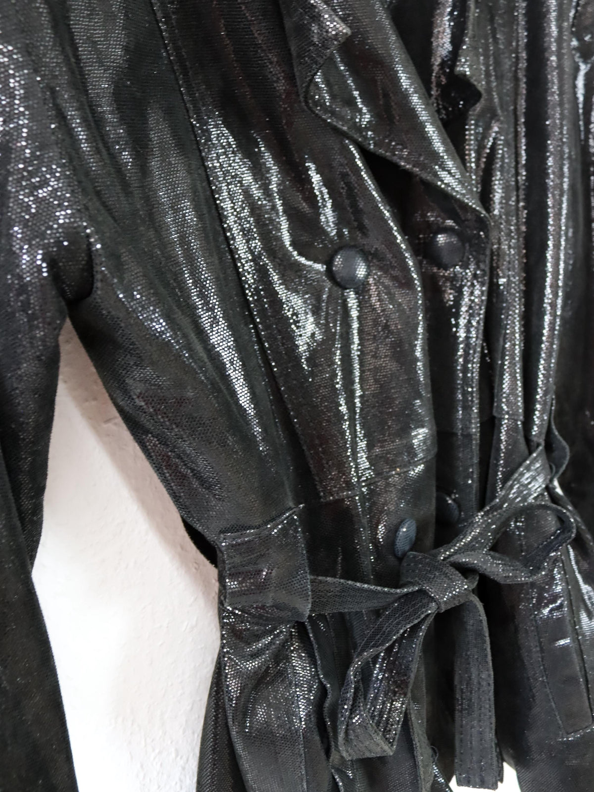 Vintage 80s 90s ATLANTIQUE CUIR Leather Jacket Glitter Black Double-Breasted Shoulder Pads 40