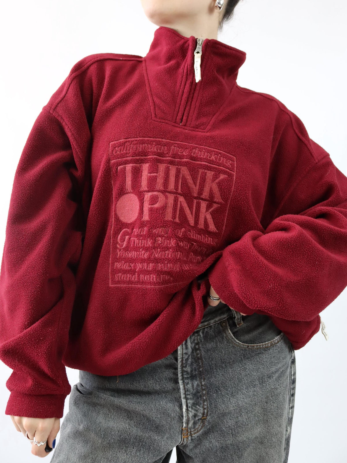 Vintage 80s 90s THINK PINK Fleece Pullover Stand-up Collar Burgundy Embroidery XXL