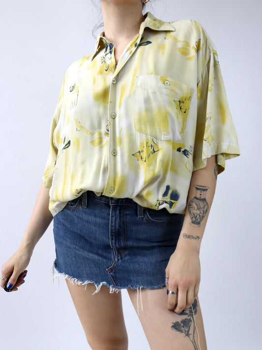 Vintage 80er 90er TRAPEZ Hemd kurzarm crazy pattern gelb Viskose L