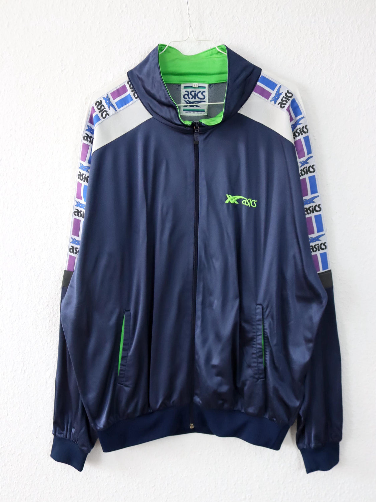 Vintage 80er 90er ASICS Trainingsjacke dünn glänzend Stehkragen dunkelblau 56 XXL