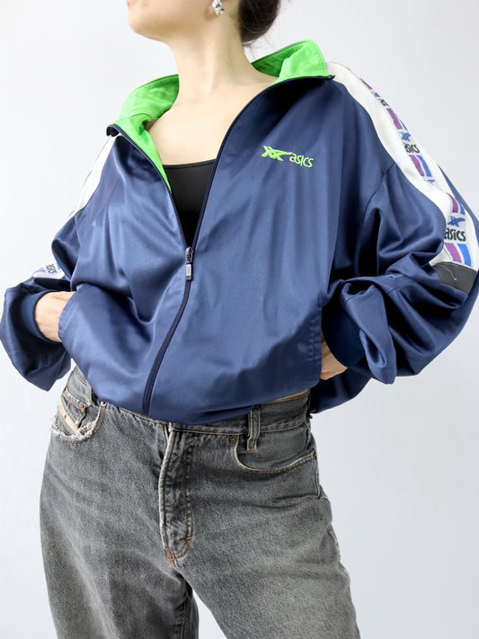 Vintage 80er 90er ASICS Trainingsjacke dünn glänzend Stehkragen dunkelblau 56 XXL