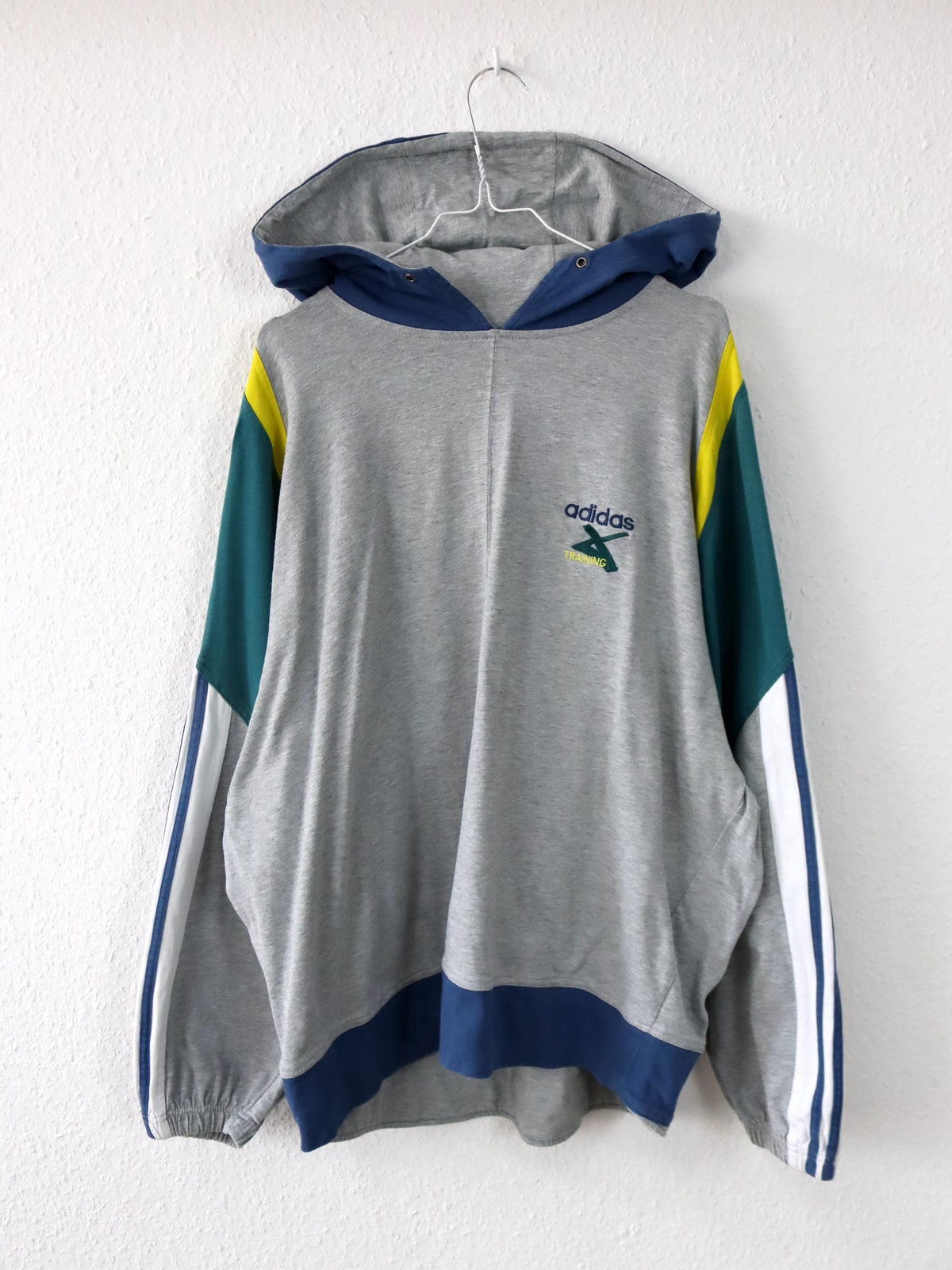 Vintage 80er 90er ADIDAS Cross Trainings Hoodie Pullover grau blau grün gelb D7 L