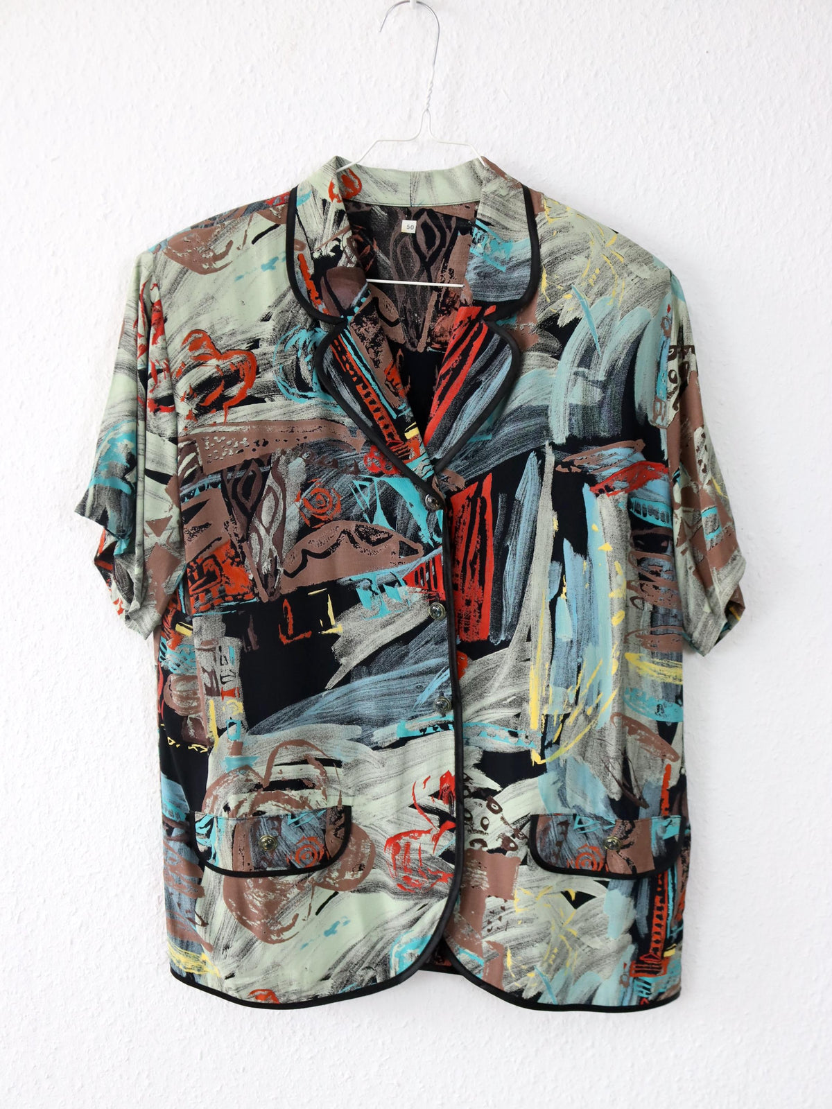 Vintage 80er 90er Bluse kurzarm crazy pattern Schulterpolster bunt L