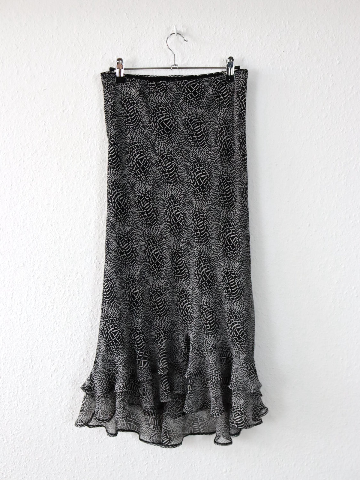Vintage 90er 00er Y2k CANDA Midirock crazy pattern Mesh Raffung schwarz weiß 38