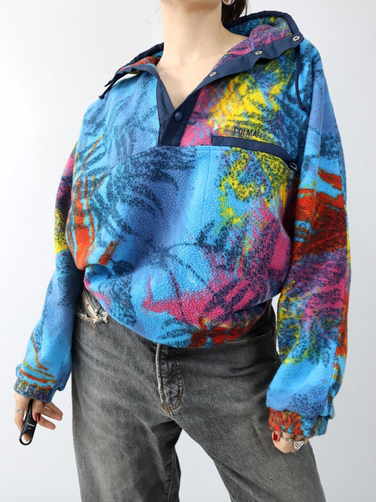 Vintage 80er 90er COLMAR Fleecepullover Fleece Stehkragen crazy pattern bunt XL