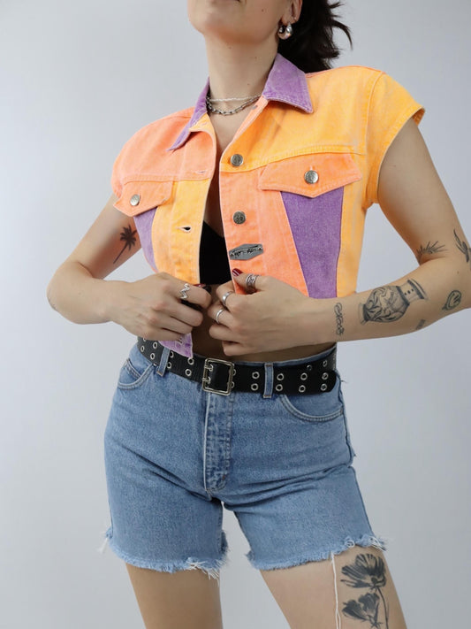Vintage 80er 90er TOUR PASS Weste Jeansweste Crop Color Block kurzarm bauchfrei top Denim S