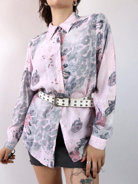 Vintage 80er 90er Bluse Hemd langarm crazy pattern rosa M