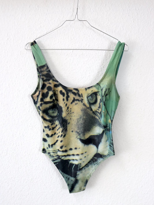 Vintage 80er 90er MARI Body Badeanzug Print Tiger Rückenfrei 40