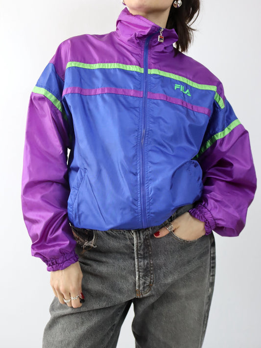 Vintage 80er 90er FILA Trainingsjacke Jacke Stehkragen glänzend blau lila 52 XL