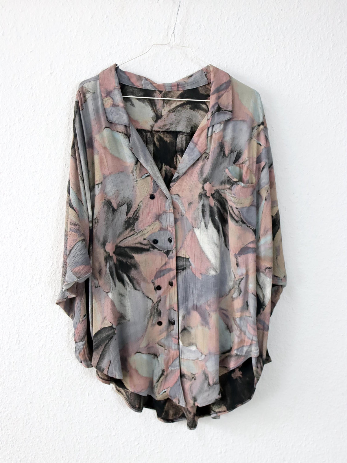Vintage 80er 90er HOPSACK Bluse langarm luftig Doppelknopfreihe Crazy Pattern Viskose L