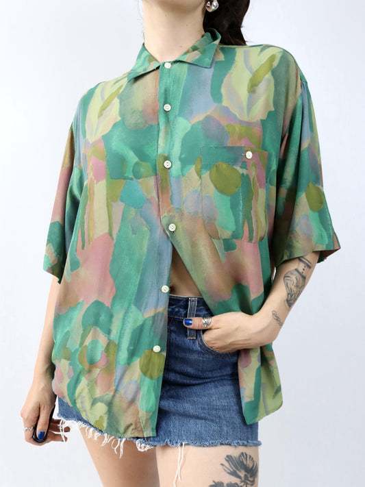 Vintage 80er 90er ICORTIGIANI Hemd Bluse kurzarm crazy pattern Viskose grün 46