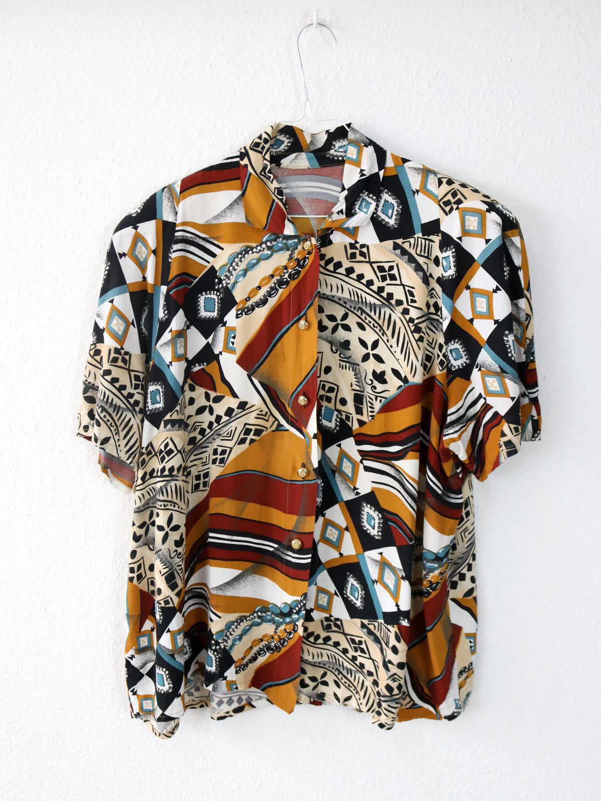Vintage 80er 90er Bluse kurzarm crazy pattern bunt Viskose L