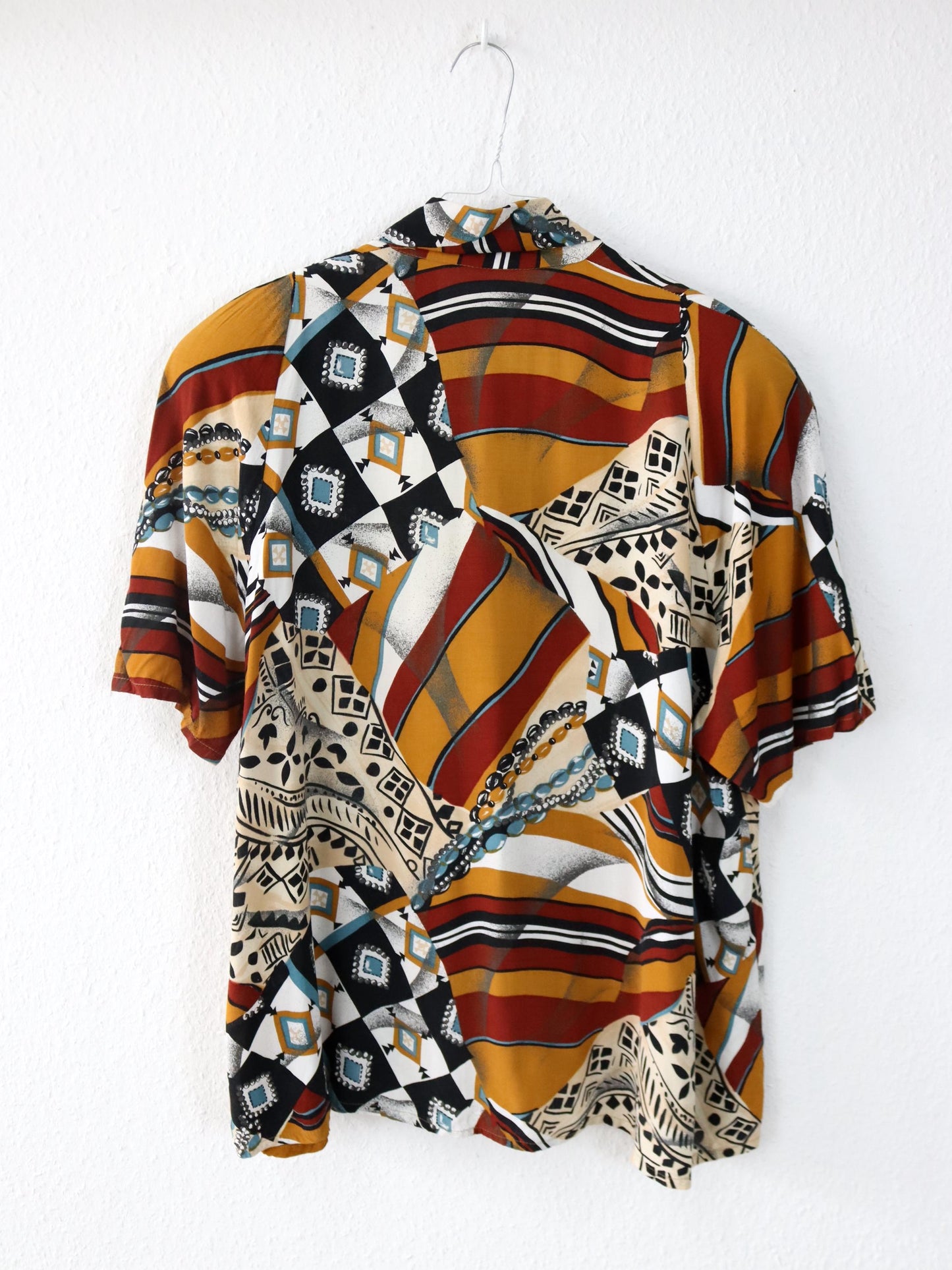 Vintage 80er 90er Bluse kurzarm crazy pattern bunt Viskose L