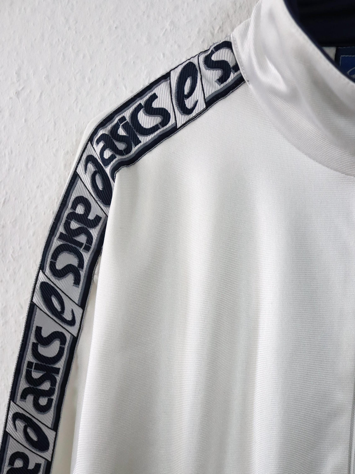 Vintage 80er 90er ASICS Trainingsjacke Jacke Stehkragen weiß dunkelblau 46 S
