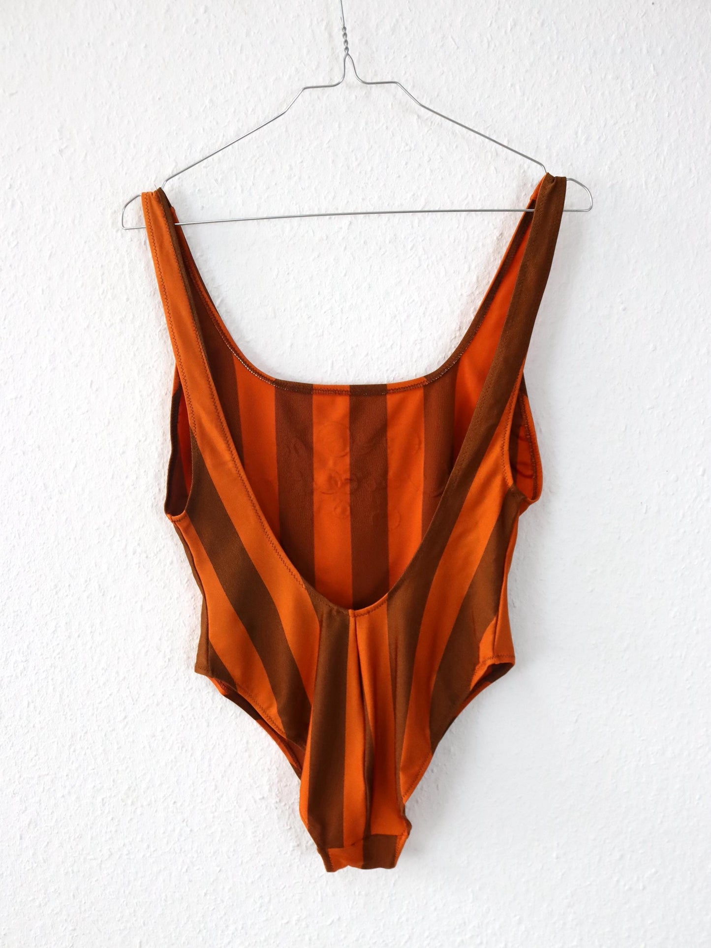 Vintage 80er 90er REFEC Body Einteiler glänzend gestreift orange Badeanzug M