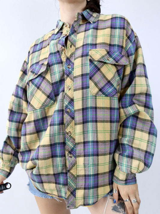 Vintage 80er 90er ESGUIRE FASHION Flanellhemd kariert langarm leicht gefüttert gelb lila grün L