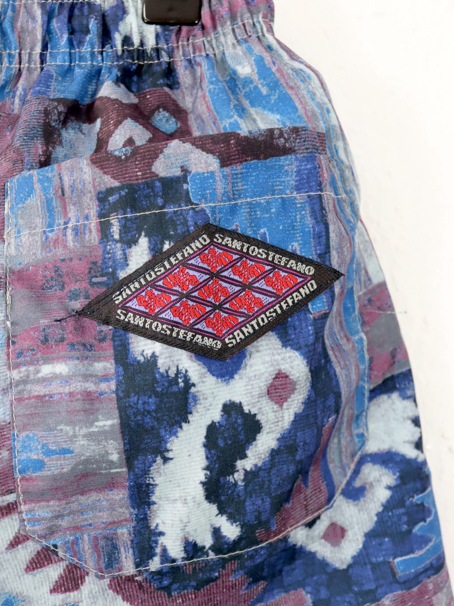 Vintage 80er 90er SANTOSTEFANO Shorts kurze Hose Badehose crazy pattern blau lila 46 S