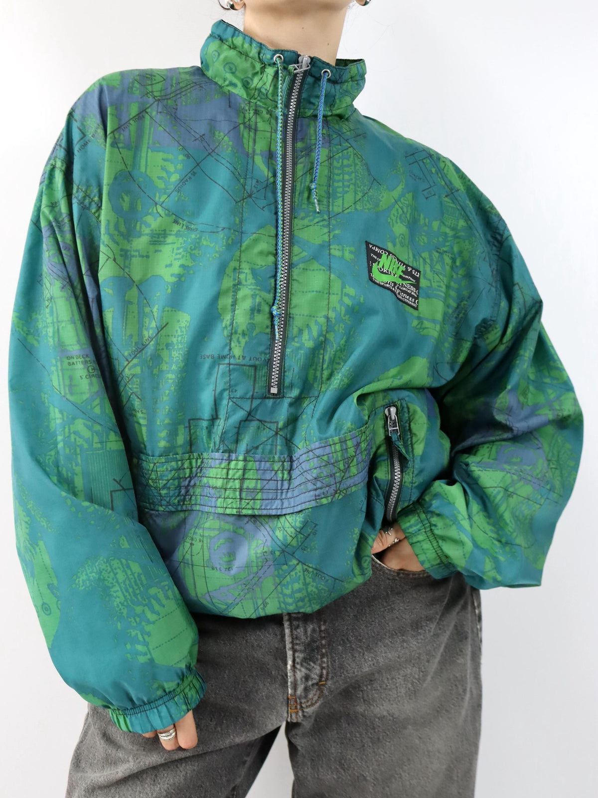 Vintage 80er 90er NIKE Windbreaker Jacke Überziehjacke crazy pattern grün L