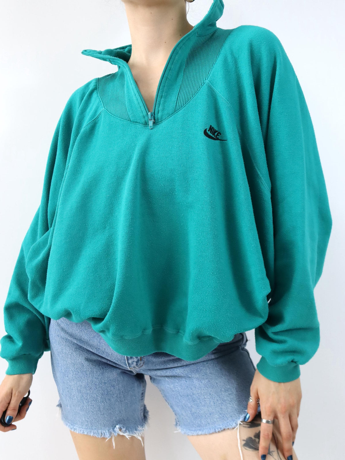 Vintage 80er 90er NIKE Pullover Sweatshirt Stehkragen türkis Backprint XL