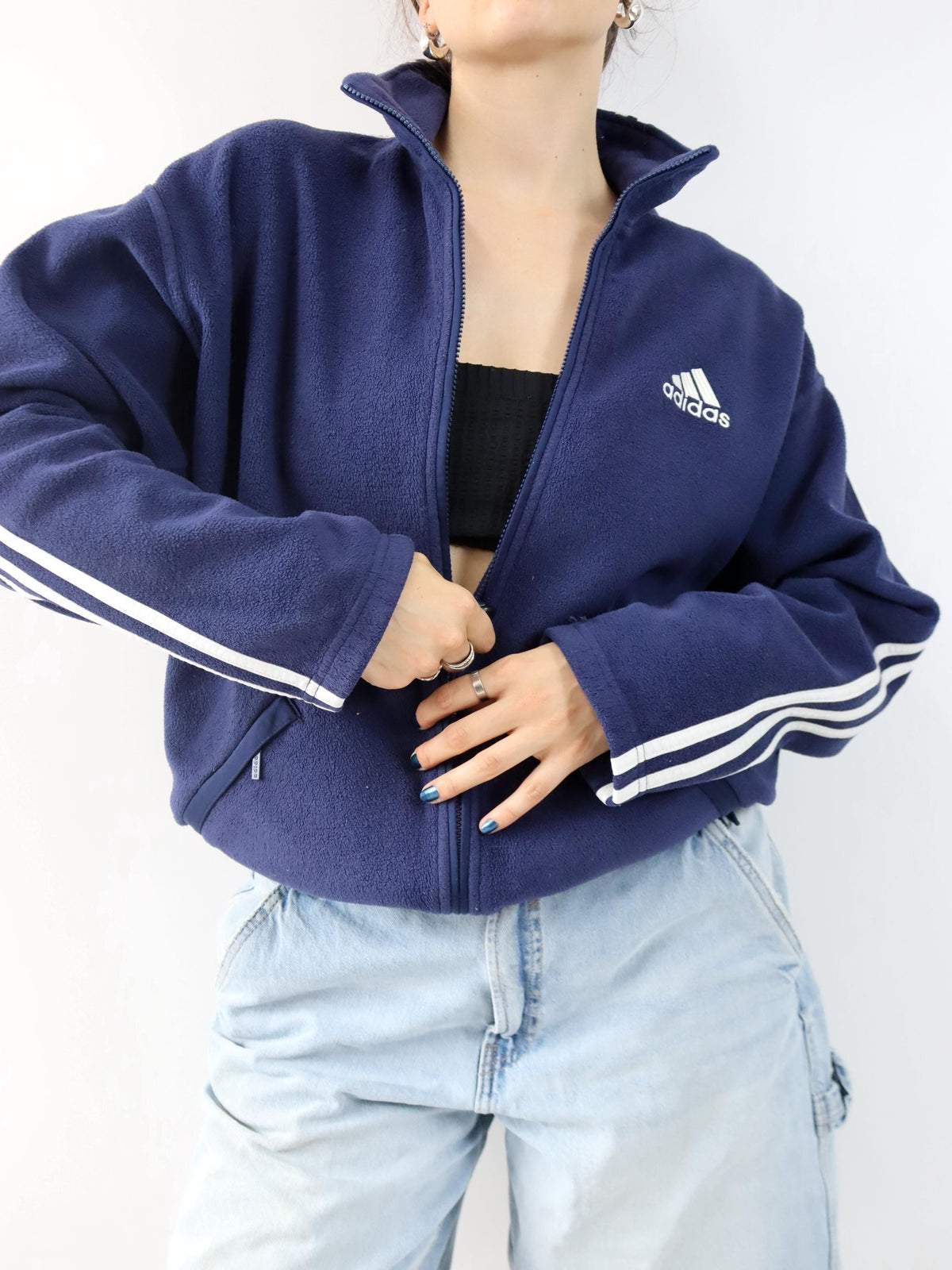 Vintage 80er 90er ADIDAS Fleecejacke Jacke Fleece dunkelblau Stehkragen D4 S