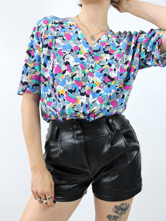 Vintage 80er 90er Bluse kurzarm crazy pattern bunt Viskose 54 XL