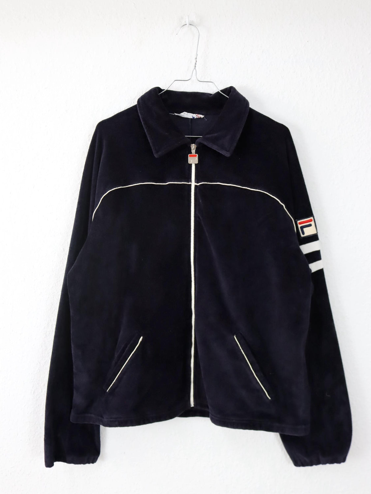 Vintage 80er 90er FILA Trainingsjacke Samt Velours Kragen dunkelblau 56 XXL