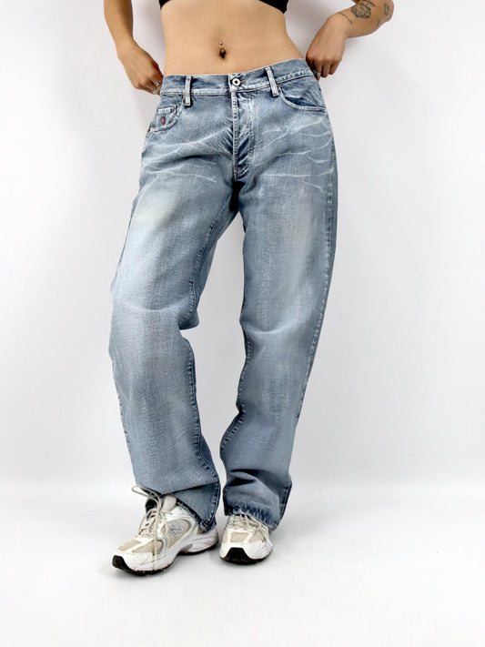 Vintage 90er 00er Y2K ENERGIE Baggy Pants Jeans hellblau grau weites Bein low waist W38