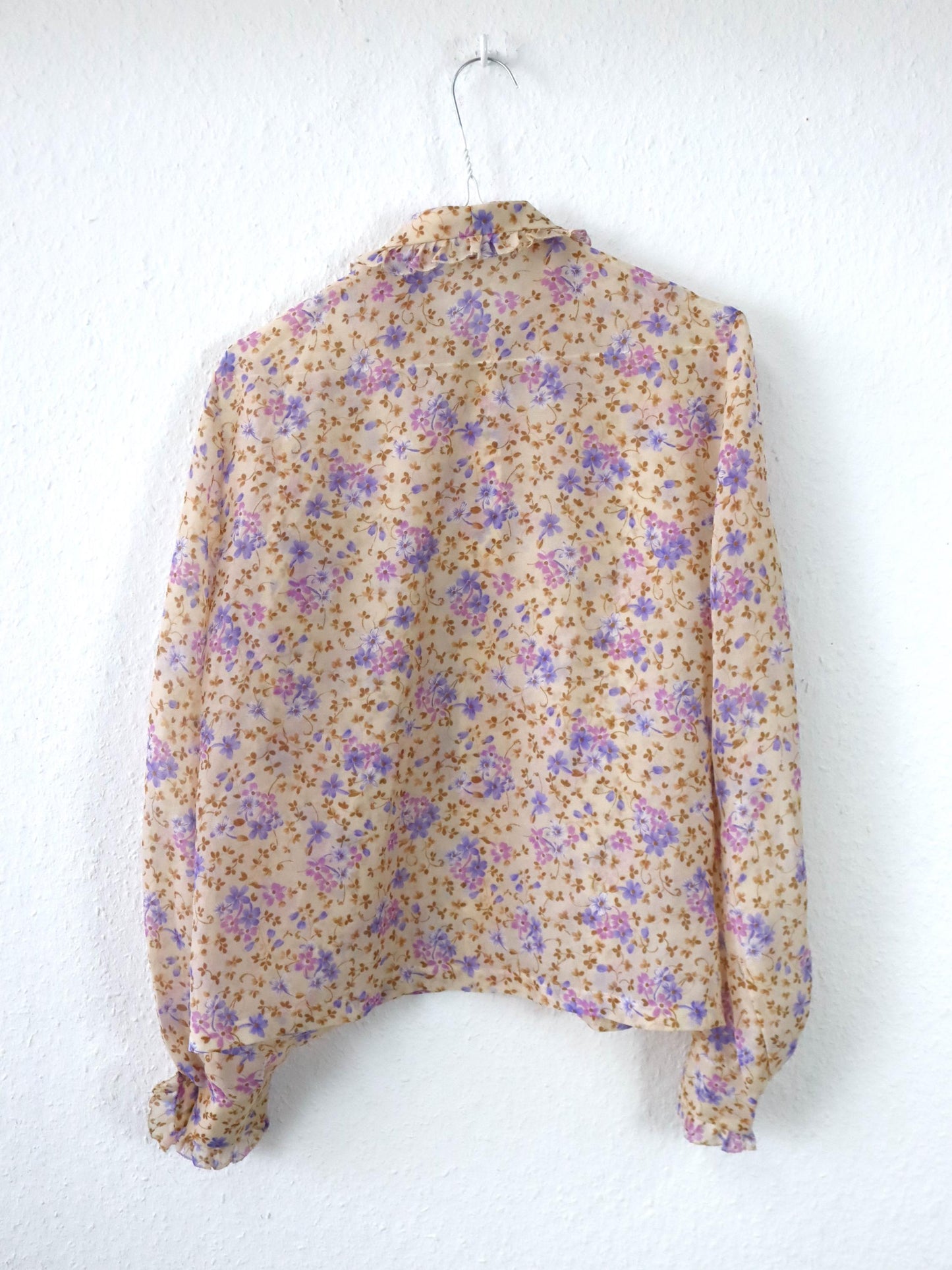 Vintage 80er 90er Bluse langarm Blumenmuster Rüschen leicht transparent 40