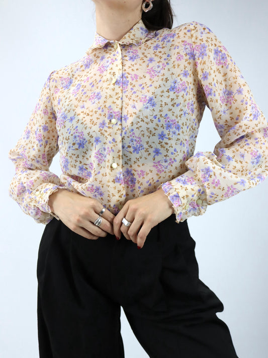 Vintage 80er 90er Bluse langarm Blumenmuster Rüschen leicht transparent 40