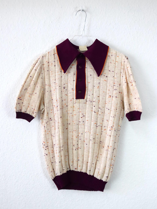 Vintage 70er 80er Poloshirt Strickshirt Spitzkragen lila orange creme 48 M