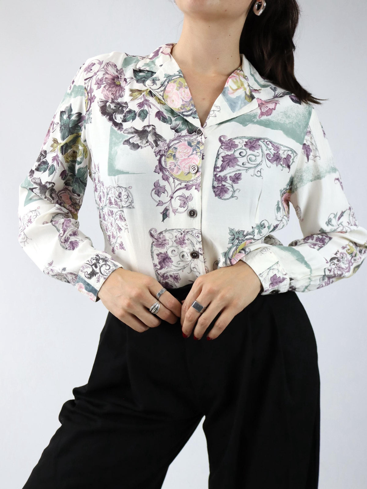 Vintage 80er 90er Bluse langarm Viskose Blumenmuster 40